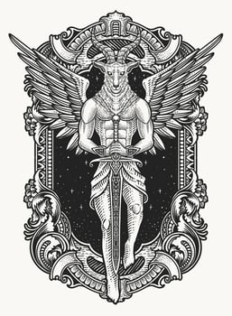 The baphomet holding sword with engraving ornament border - vector