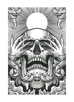 Intricate illustration of a skull with hands covering its eyes, surrounded by swirling smoke, engraving ornament and radiant sunburst lines vector