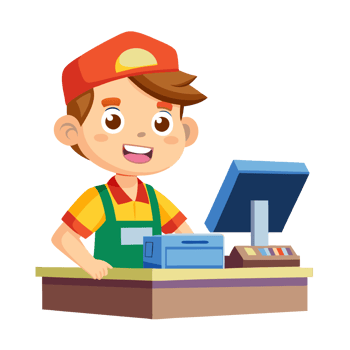 Friendly cartoon cashier scanning items at a store checkout colorful environment engaging viewpoint child-friendly concept png
