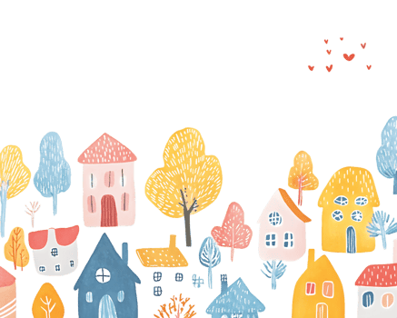 Colorful Whimsical Village Illustration with Houses and Trees png