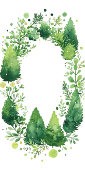 Lush Green Watercolor Wreath with Foliage and Trees png