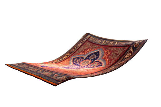 A magical-looking flying carpet with a glowing centerpiece design, featuring detailed blue and gold patterns, evoking a fantastical and enchanting ambiance png