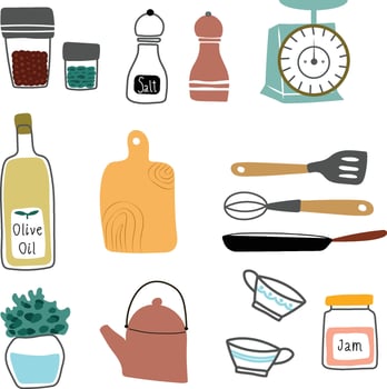 Set of simple kitchen elements. Cute cups, jar and kettle. vector