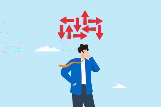 Flat illustration of businessman contemplate multiple path symbolizing decision making for right direction to success vector