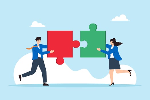 Flat illustration of businessman and businesswoman partner connect jigsaw puzzle piece to solve challenge together vector