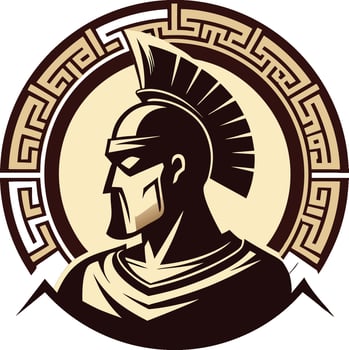Ancient Greek warrior, Spartan helmet, profile view, stylized illustration, geometric border, meander pattern, circular design, brown and beige color scheme, silhouette vector