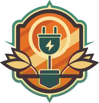 Stylized logo design, electrical plug icon, lightning bolt symbol, green and orange color scheme, retro badge shape, geometric patterns, leaf motifs, energy efficiency concept vector