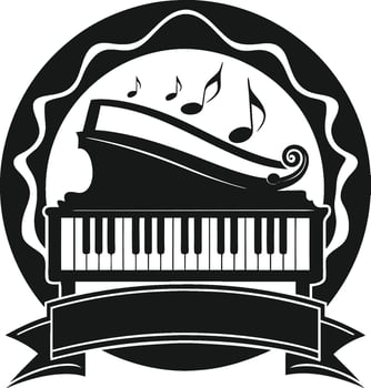 black and white logo, grand piano, musical notes, circular emblem, wavy border, keyboard keys, ribbon banner vector