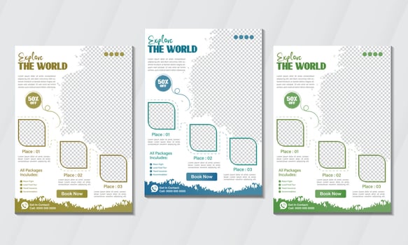 Explore the World Travel Flyer Web Banner Leaflet Poster Brochure. Summer beach holiday Social Media Promotional Ads Design for Travel Agency or company template with mockup layout. vector