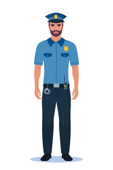 Police officer man in uniform standing in front view. Profession people concept. Job at police station. Policeman character. illustration. vector
