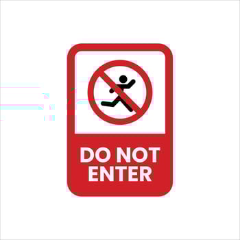 A red and white sign with a Do Not Enter message. The symbol includes a running figure crossed out by a red circle with a line through it vector