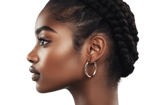 Beautiful African American Woman Profile Portrait with Gold Hoop Earrings on Transparent Background png