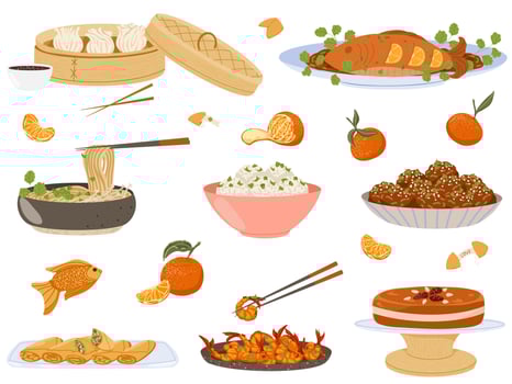 Asian food set. Chinese traditional cuisine with various dishes. Flat illustration. Gyoza, grilled fish, noodles, rice balls, meatballs, spring rolls, shrimps, rice cake isolated on white vector