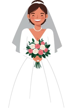 Bride holding bouquet in elegant dress flat illustration vector