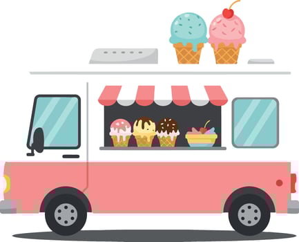 Ice cream truck with colorful cones in flat illustration vector