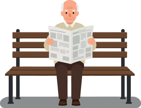 Elderly man reading newspaper on park bench in flat vector