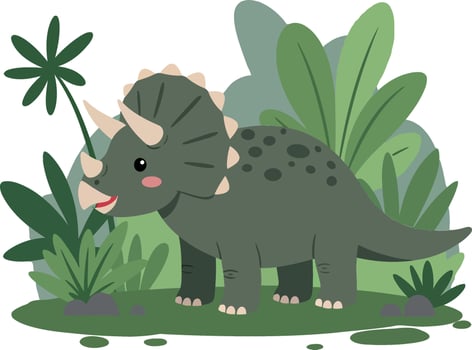 Cute triceratops dinosaur in playful flat design surrounded by lush green plants illustration vector