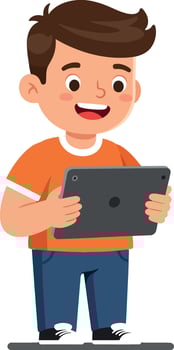Happy child holding a tablet in flat and colorful design style illustration vector