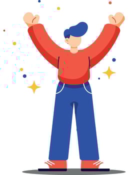 Cheerful character celebrating with raised arms in a flat design style illustration vector