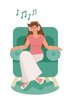 A young woman sits, smiles and listens to music on headphones vector