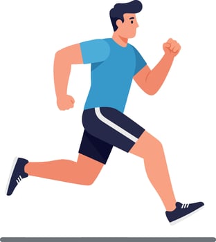 Running man in blue shirt and shorts, flat design with dynamic motion, vibrant colors, illustration vector