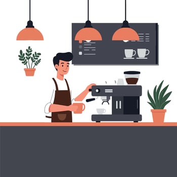 Coffee barista preparing a fresh cup of coffee in a minimal flat art illustration vector