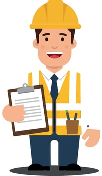 Construction worker character in flat style wearing safety gear holding clipboard and pencil illustration vector