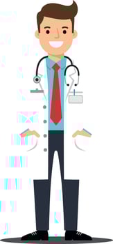 Doctor character in white coat with stethoscope in flat art style showcasing professionalism and approachability in healthcare illustration vector