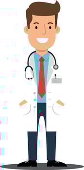 Doctor standing confidently in a white coat with a stethoscope, minimal flat art illustration vector