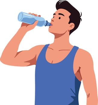 Young man drinking water in athletic clothing, flat design, healthy lifestyle art vector