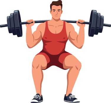 Strong man lifting heavy weights during a squat exercise in flat illustration style art vector