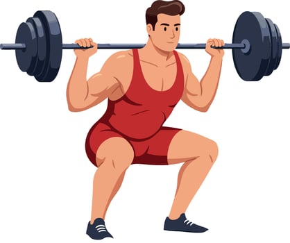 Weightlifting athlete performing a squat action in flat style art illustration vector