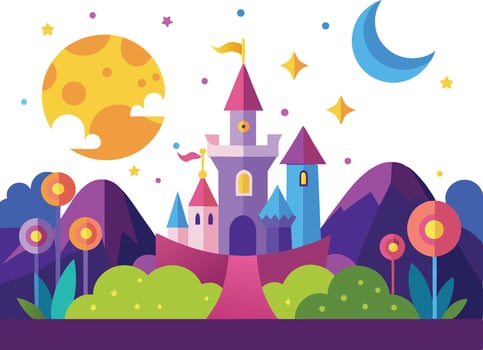 Whimsical fairytale castle, colorful cartoon style, purple mountains, full moon, crescent moon, starry night sky, lollipop trees, vibrant colors, flat design vector