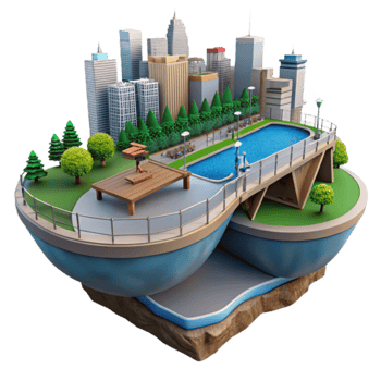 Urban Oasis Cityscape, Park, Pool, and Bridge png