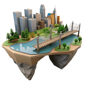 Floating Cityscape Urban Park, River, and Suspension Bridge png