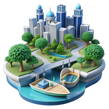 Urban Oasis Cityscape with Parks and Waterways png