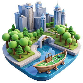 Urban Park Cityscape, Green Space, Boat, Canal, Buildings png