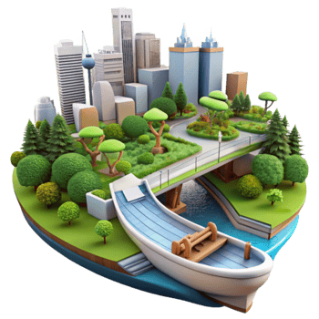 Urban Oasis Cityscape, Park, Canal, and Boat png
