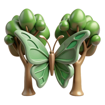 3D Render Green Butterfly Between Two Trees png
