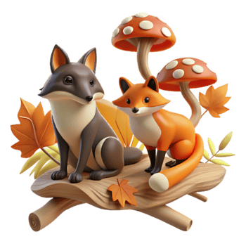 Autumn Foxes on Mushroom Log 3D Render png