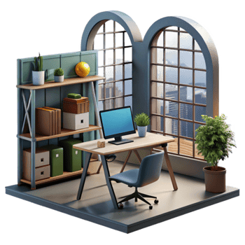 Modern Home Office Workspace with City View png