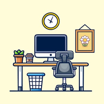 Workspace with Coffee and Wall Art Cartoon Icon Illustration. vector