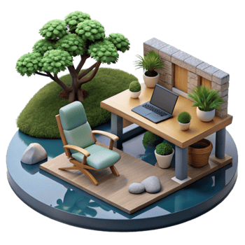 Serene Outdoor Workspace Laptop, Plants, and Relaxation png