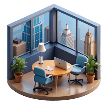 Modern Office Space City View, Desk, Chairs, Plants png