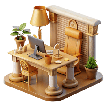 Classic Home Office Design Desk, Chair, Plants, and Lamp png