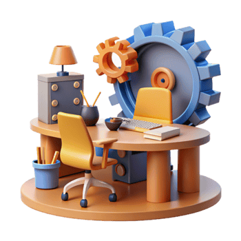 Productivity Workspace 3D Render of Desk with Gears png