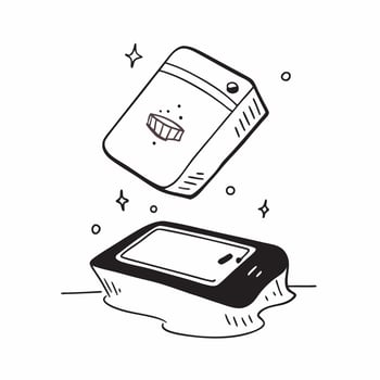 Flat Smartphone with holographic whiskey glass floating above isolated on white with copy space concept as A smartphone lies on a white surface with a holographic whiskey glass ico Cleans vector