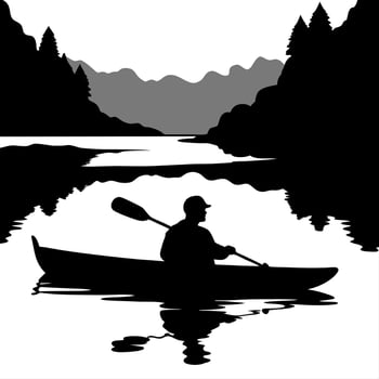 Kayaker on Glossy River during Morning Mist concept as A kayaker paddling on a glossy river shrouded in morning mist with soft light reflecting on the water The scene is calm and Cleans vector