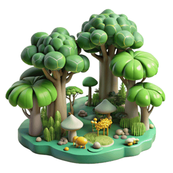 Enchanted 3D Forest Trees, Mushrooms, and Lush Greenery png