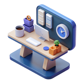 Modern Desk Setup Productivity Workspace with Computer, Plants, and Clock png